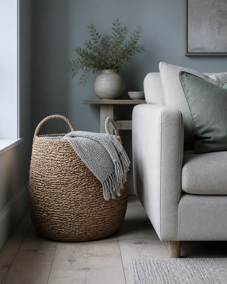 Woven seagrass basket holding a pale grey knit throw beside a linen sofa with a sage-green cushion in a cool misty room