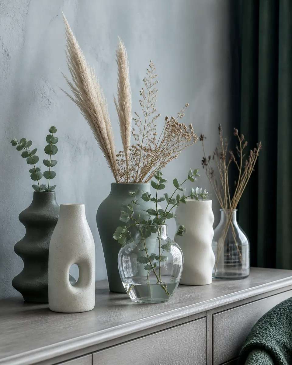 Sculptural sage-green, off-white and glass vases with dried stems and eucalyptus on a pale grey oak console in cool daylight