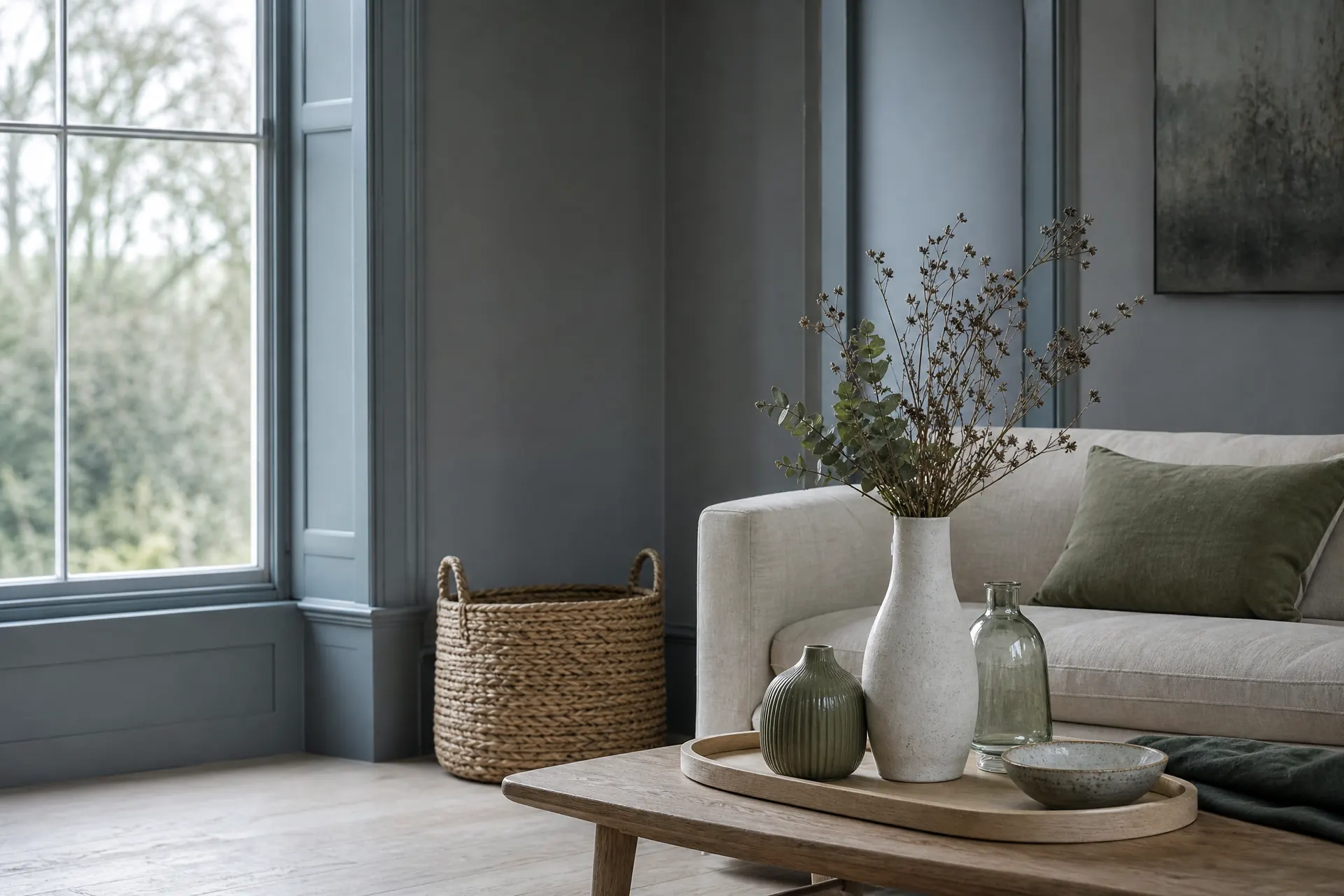 Cool misty sitting room in natural daylight, styled with woven accents, a pale wooden tray and ceramic vases